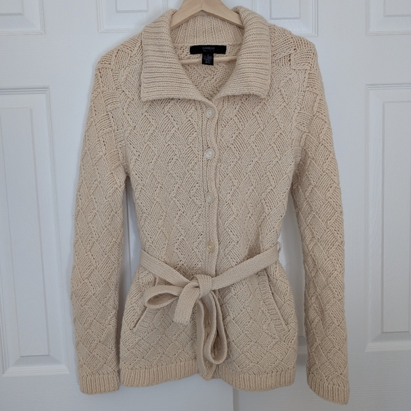 Vintage Y2K Express Womens Cream Chunky Wool Fisherman Belted Cardigan Sz M - Picture 3 of 10